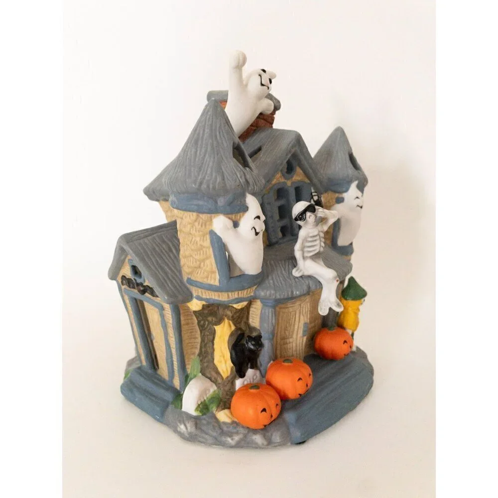 Ceramic Haunted House With Ghosts Halloween Decoration By PartyLite Tealight